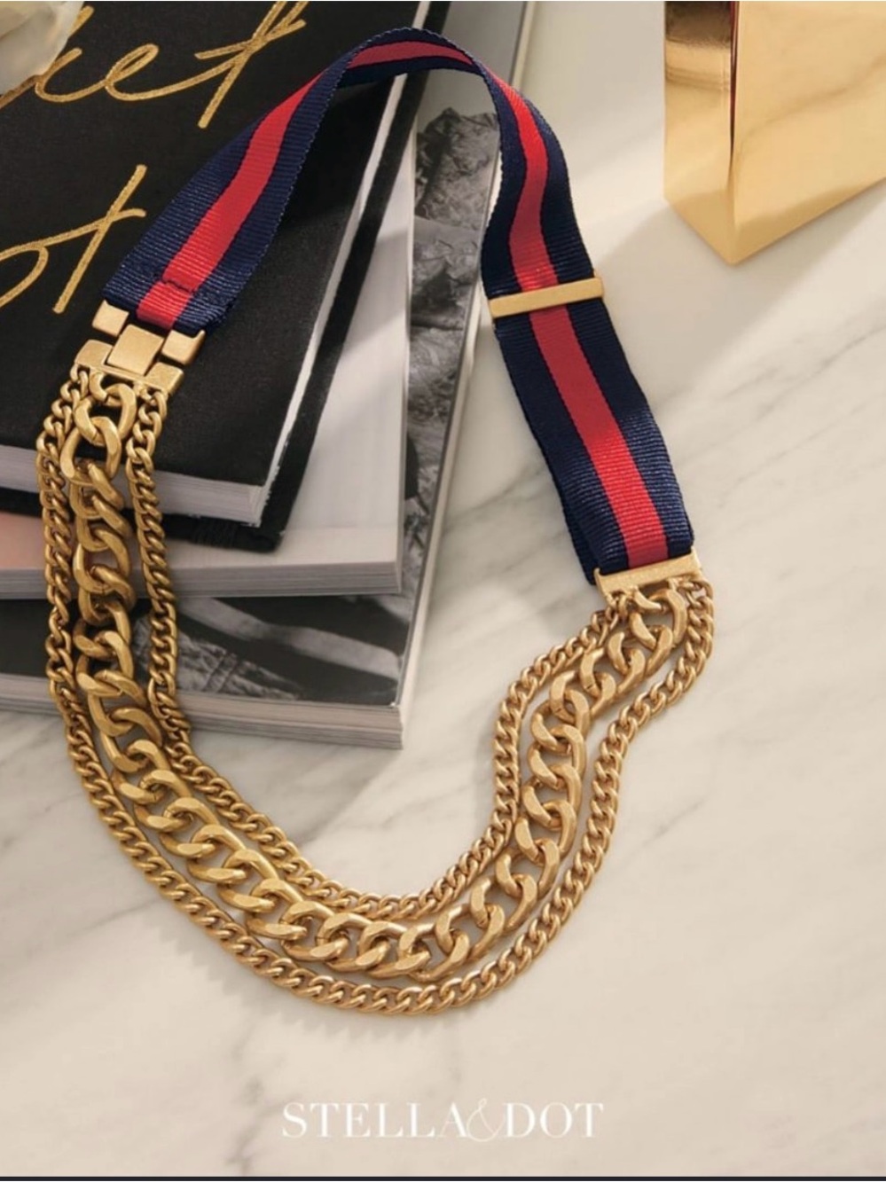 Stella & Dot Navy and Red Ribbon Gold Multi-Chain Necklace
